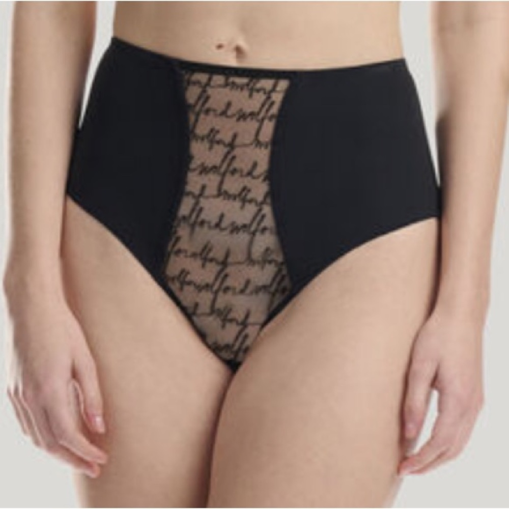 New Wolford Signature High Waisted Brief Size S Black Sheer Tulle